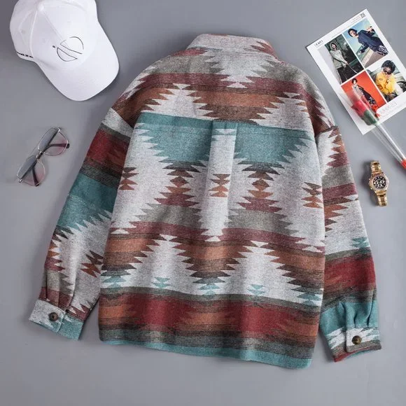 SOLD Flannel Distressed Aztec Shirt Jacket/Shacket Large - Picture 7 of 16